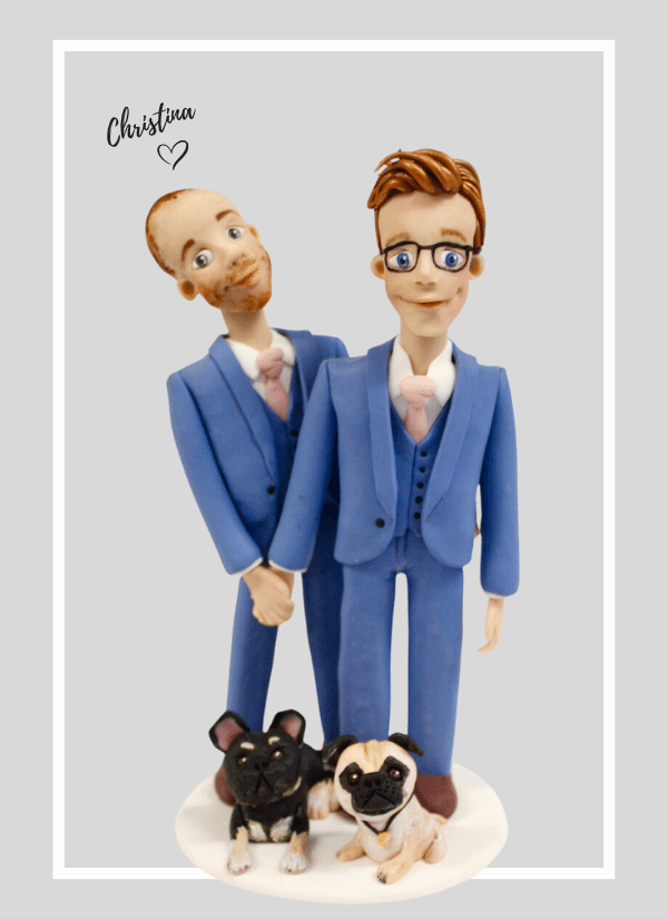 Fondant gay wedding cake design with pug dog cake topper