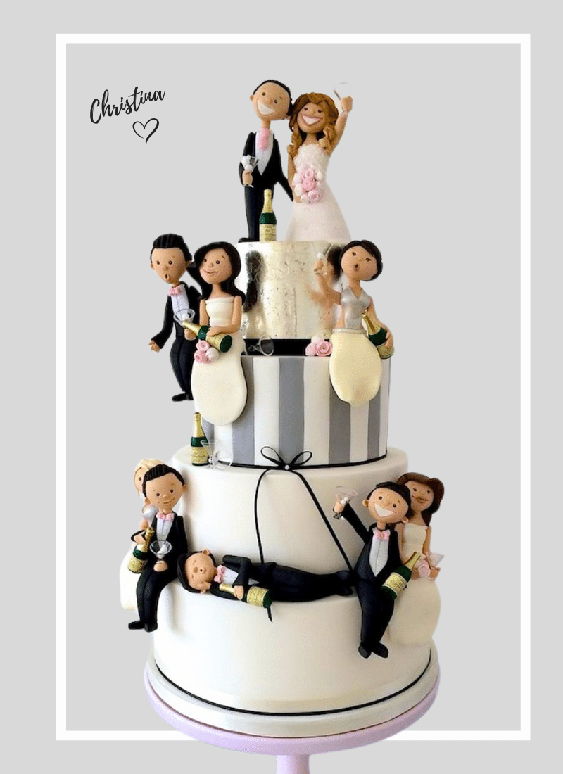 custom Wedding cake topped with personalised wedding figures of bride groom and wedding party! Fun drunk themed wedding cake