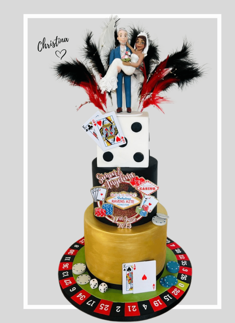 bespoke Wedding cake with casino themed cake topper, featuring playing cards, dice, and poker chips with personalised fun wedding couple figurine