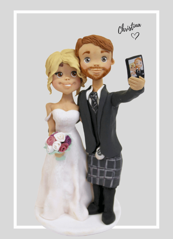 Selfie themed custom polymer clay wedding cake topper made to order