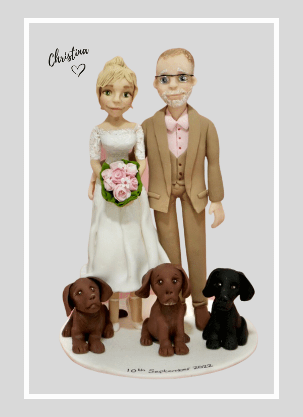 Bride and groom personalised wedding cake topper figurine and pet dog