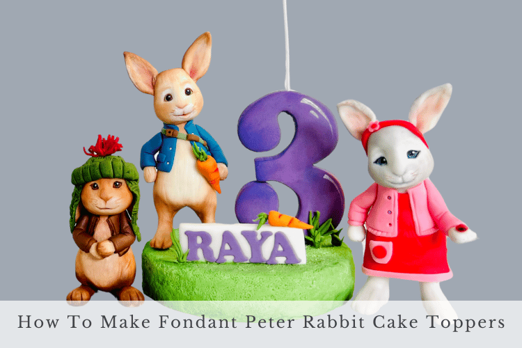 Completed Peter Rabbit cake topper on a cake."