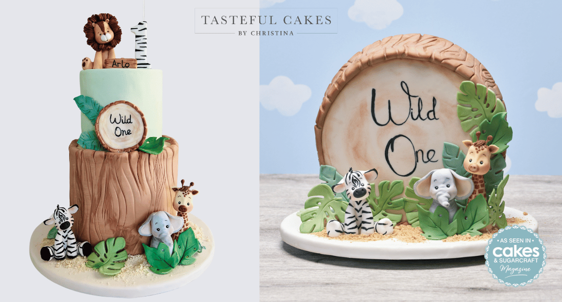 wild one birthday cakes and animal toppers