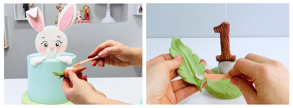 how to stick fondant to fondant cakes, stick fondant leaves and figures to your cakes with and without glue