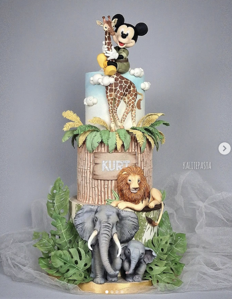 Safari Jungle cakes and ideas 3 tier safari cake with fondant realistic animals and micky mouse